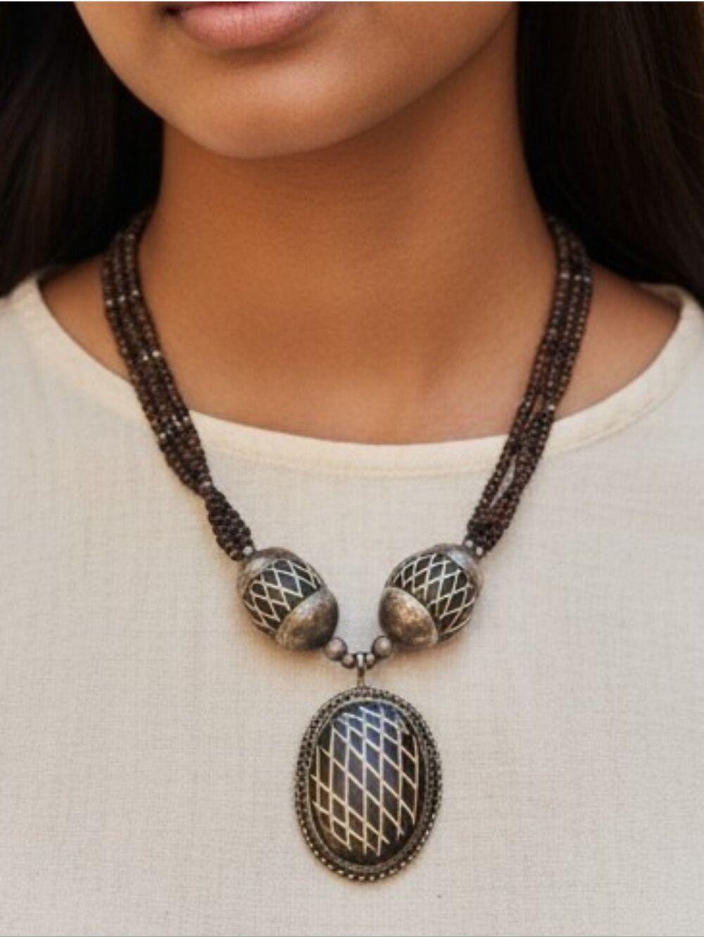 Gunmetal & Black Geometric Pendant Beaded Necklace